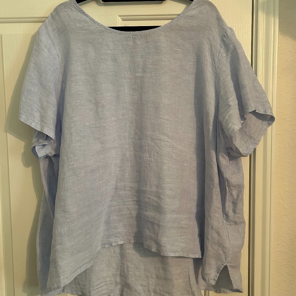 Tahari 100% Linen Lagenlook Blue Short Sleeve Top – Size 3X – EUC